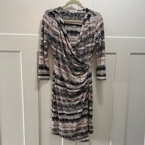 CALVIN KLEIN Dress Black and Cream Long Sleeve Wrap Dress - Size Small
